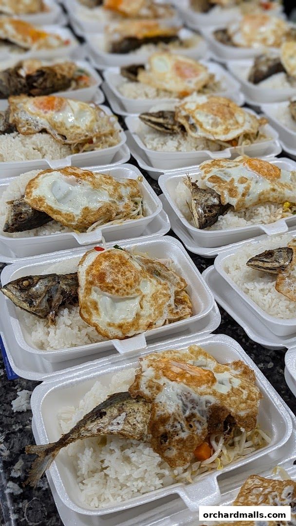 Rows of takeaway containers filled with rice, fried fish, and a fried egg.