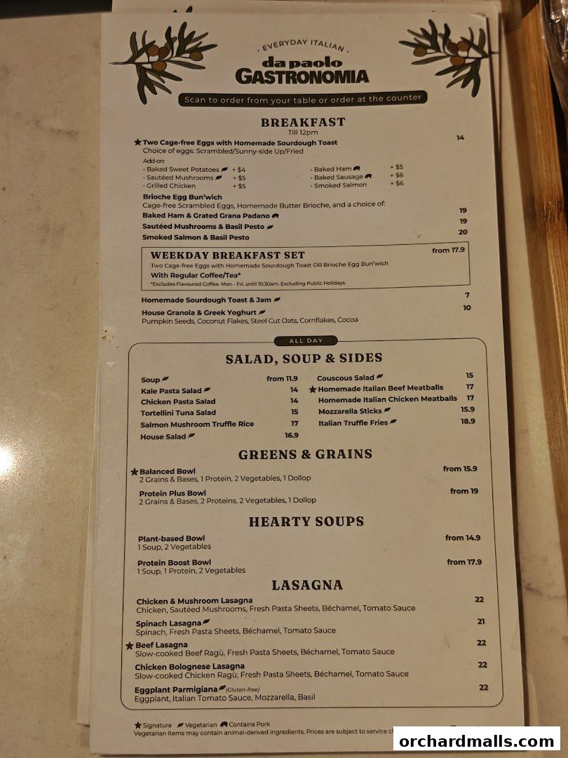 Menu page for Da Paolo Gastronomia - Orchard Paragon