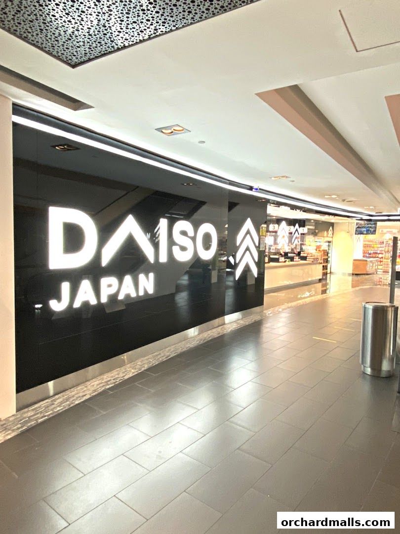 The DAISO JAPAN store entrance with its prominent illuminated signage.