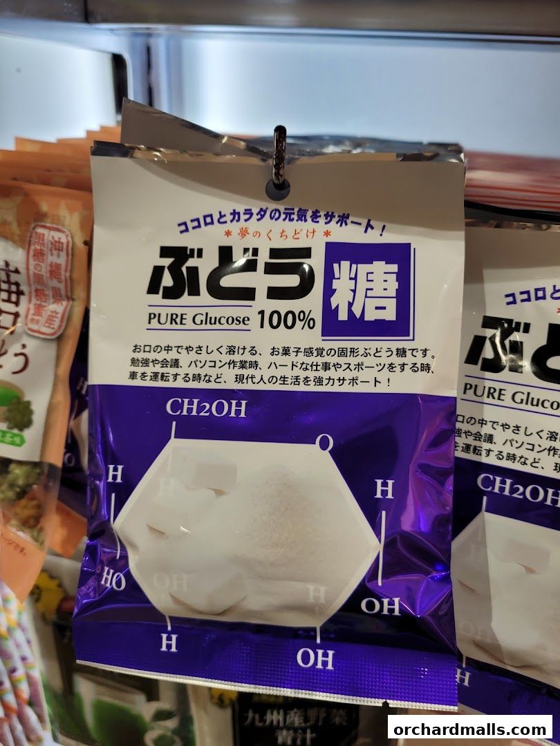A package of Pure Glucose 100% candy with a chemical structure diagram.