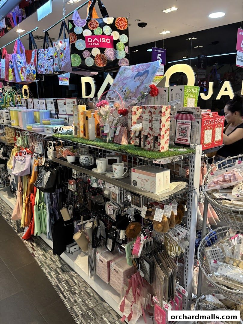 Interior view of a Daiso store showcasing various products like tote bags, storage containers, and home goods.