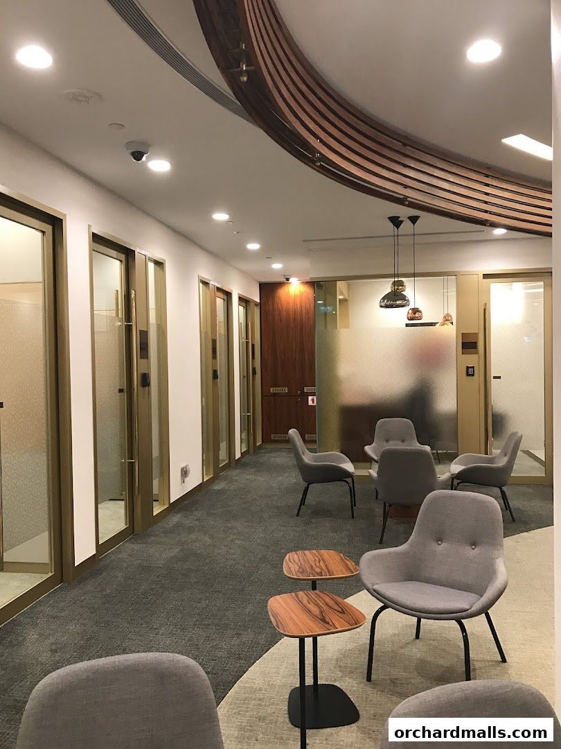Modern waiting area with comfortable chairs and stylish side tables.