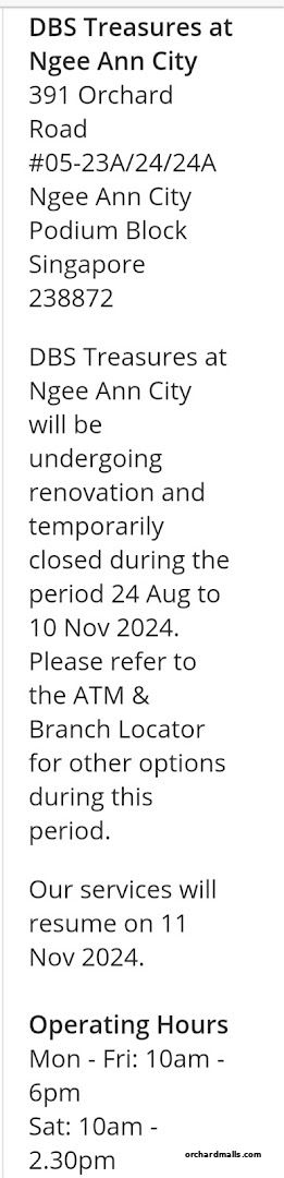 Information about DBS Treasures at Ngee Ann City, including address and renovation notice.