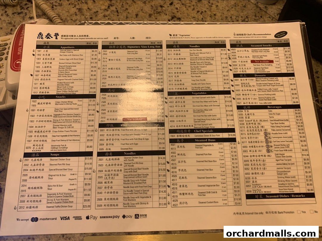 Menu page for Din Tai Fung  Wisma Atria