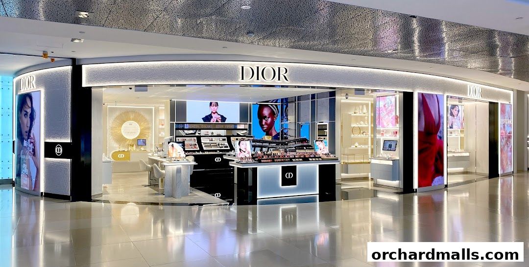The elegant Dior Beauty boutique showcases makeup displays and illuminated advertising.