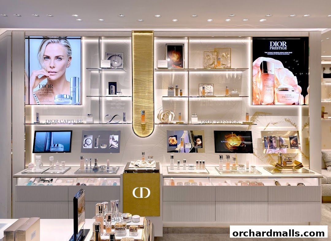 Luxurious Dior Beauty boutique interior showcasing skincare products and advertising displays.