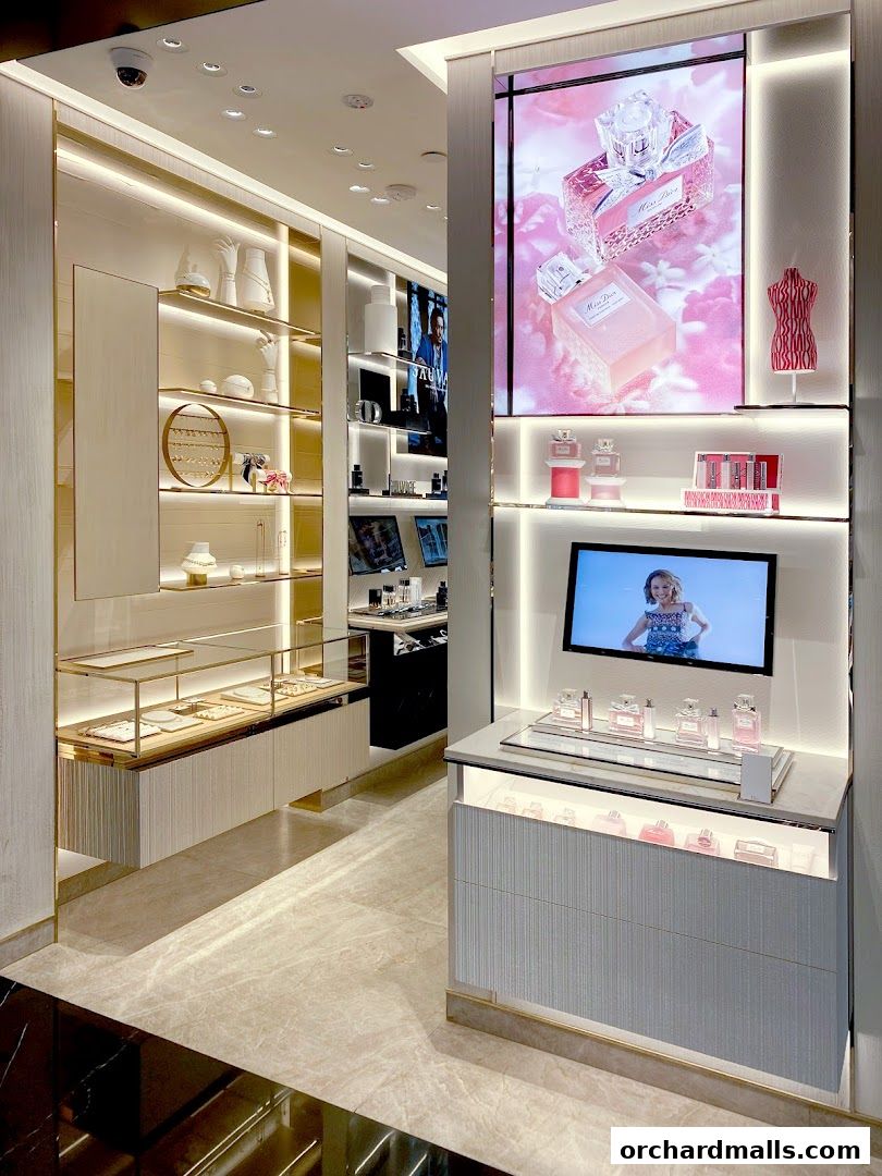 Interior view of a Dior Beauty boutique showcasing perfumes and display shelves.