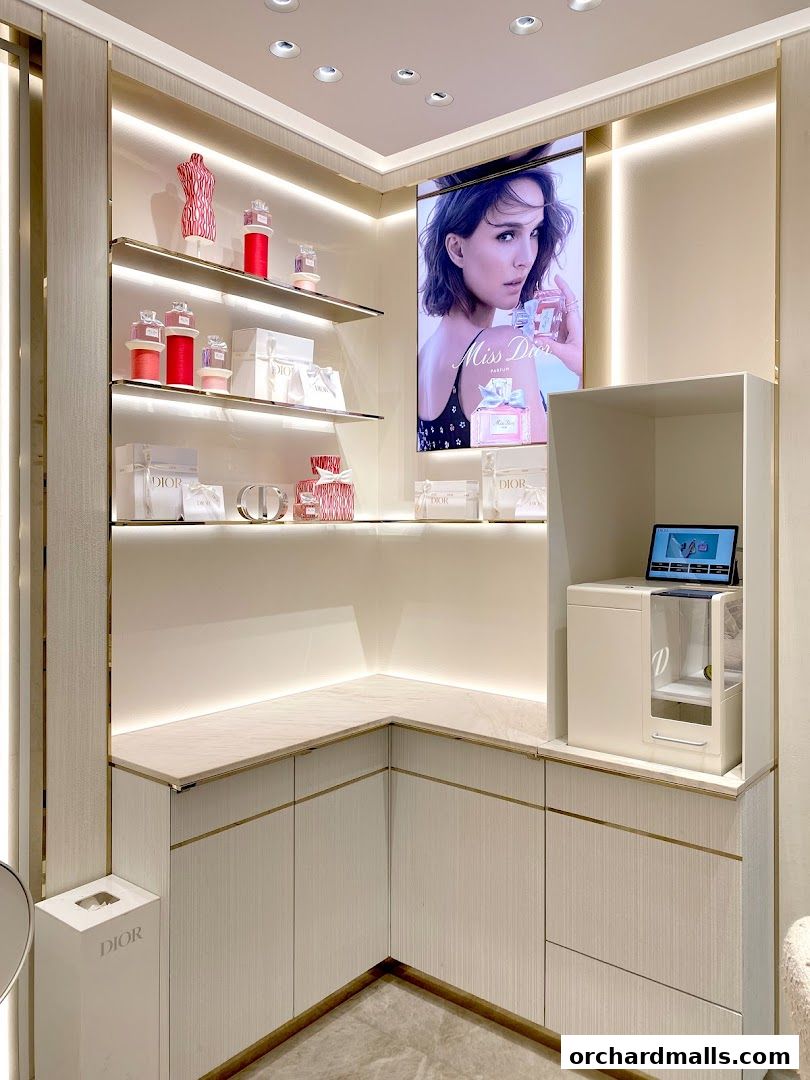 Interior view of a Dior Beauty boutique showcasing perfumes and promotional displays.