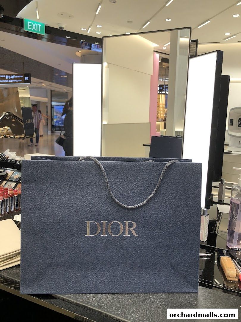 A Dior shopping bag is displayed in front of mirrors and beauty products.