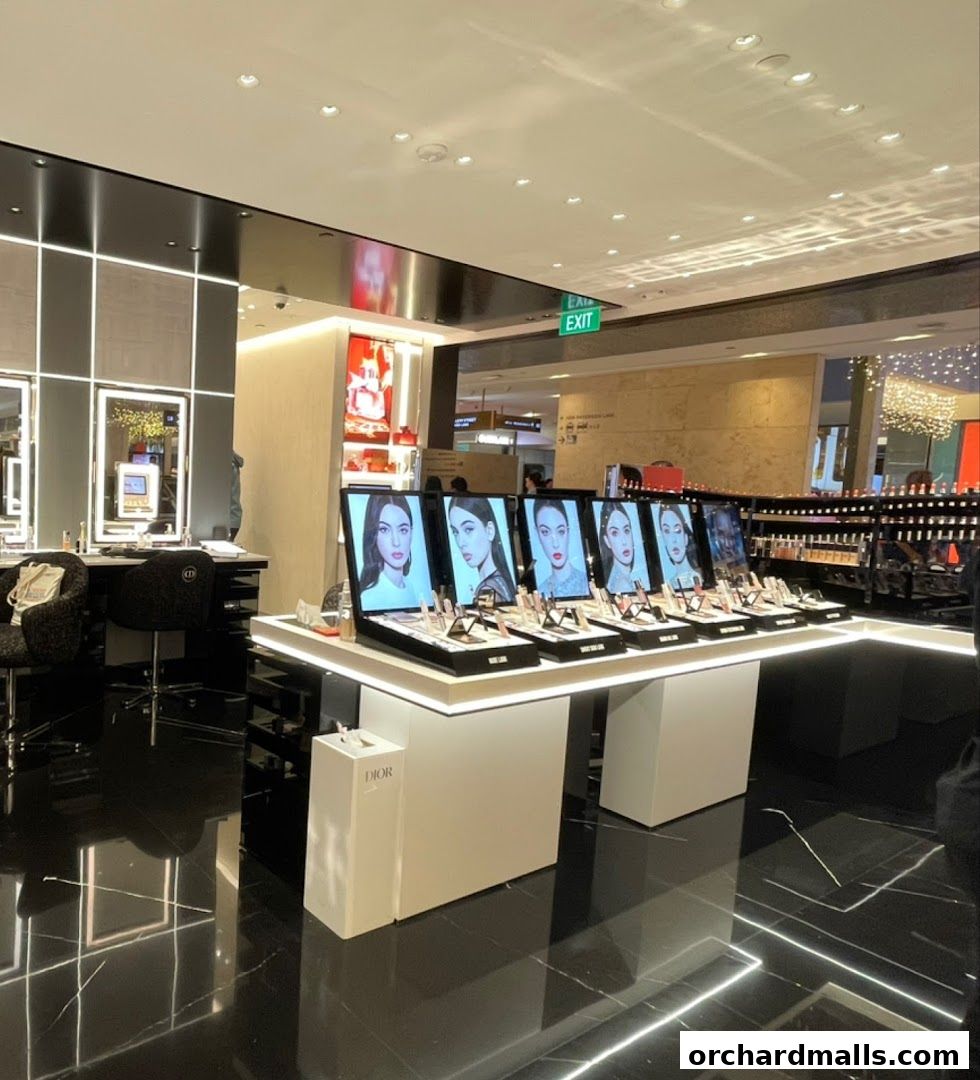 Interior of a Dior Beauty boutique showcasing makeup displays and product shelves.