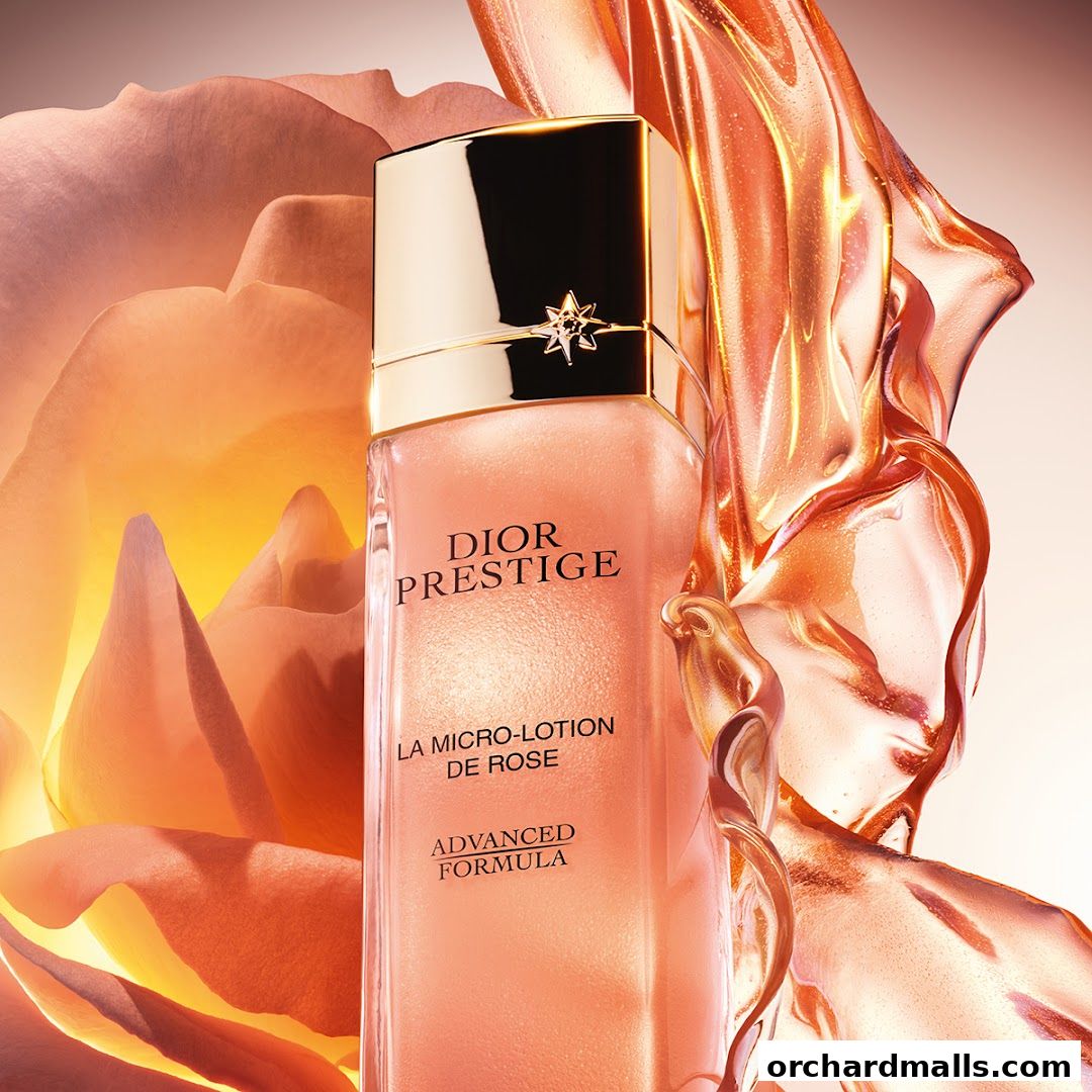 Dior Prestige La Micro-Lotion de Rose skincare product with rose petals and liquid elements.