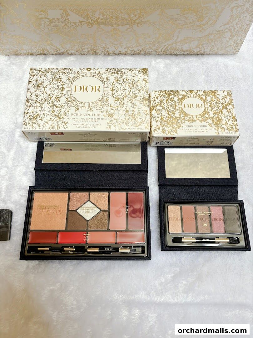 Dior Ecrin Couture makeup palettes featuring eyeshadows, blush, and lip colors.