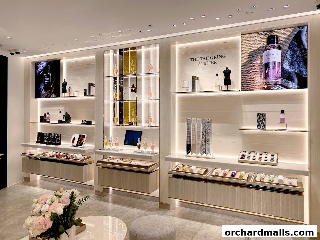 Interior view of a Dior Beauty boutique showcasing perfumes and accessories on illuminated shelves.