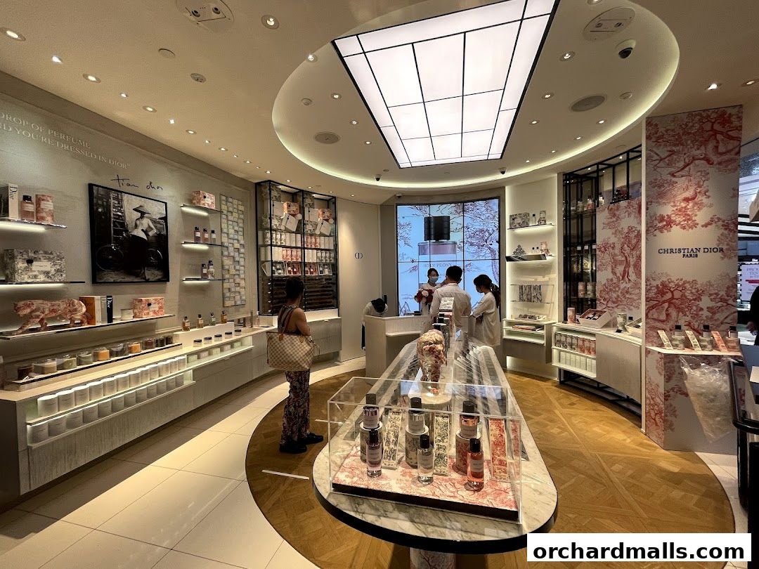 Interior of a Dior Beauty boutique showcasing perfumes and beauty products with elegant displays.