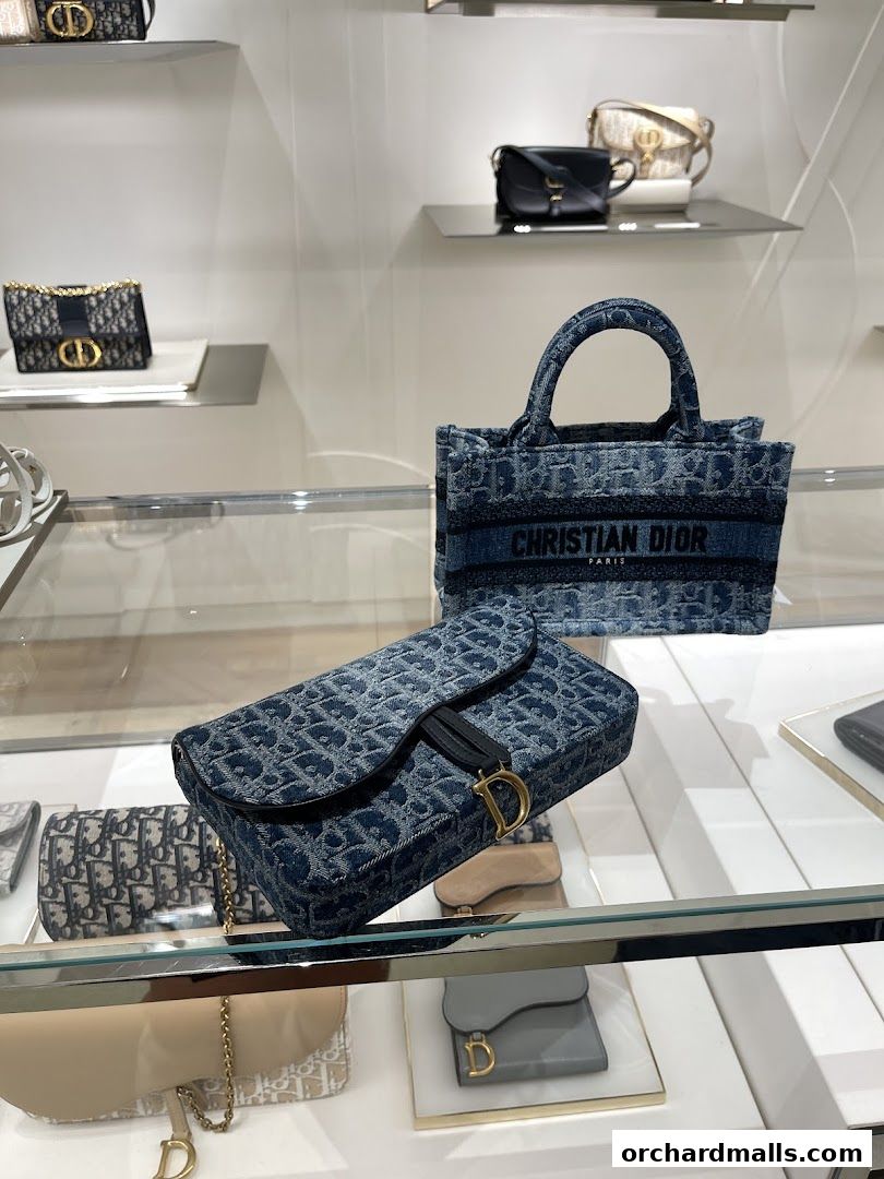 Dior handbags displayed on shelves, featuring the iconic Dior Oblique pattern.