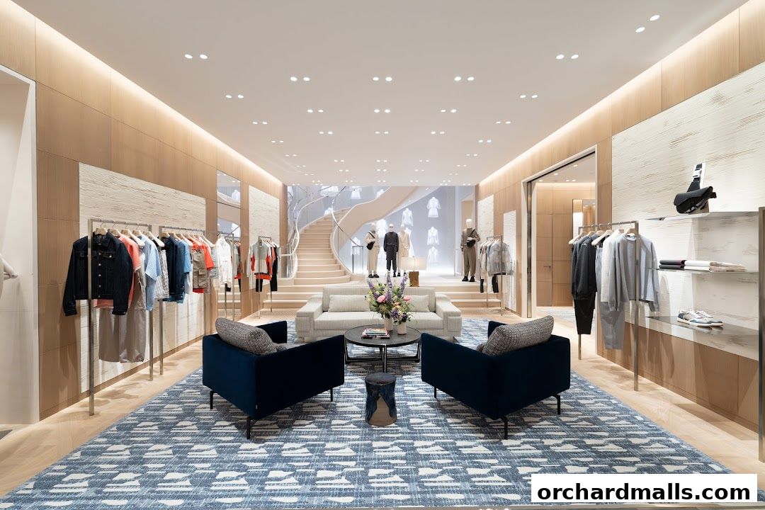 Interior of a luxurious Dior boutique with clothing displays and seating.