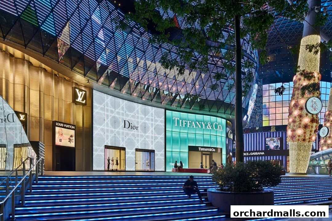 Exterior view of luxury brand stores Dior, Louis Vuitton, and Tiffany & Co. at night.