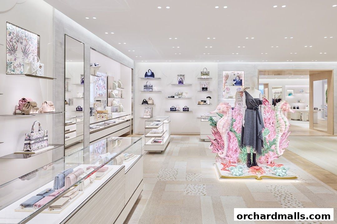 Interior of a luxurious Dior boutique showcasing handbags, accessories, and a themed display.