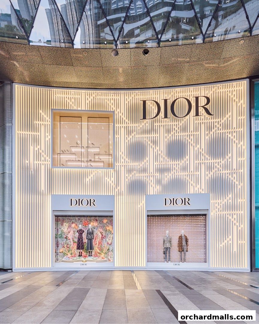 The elegant DIOR Ion Orchard store front with illuminated displays and mannequins.