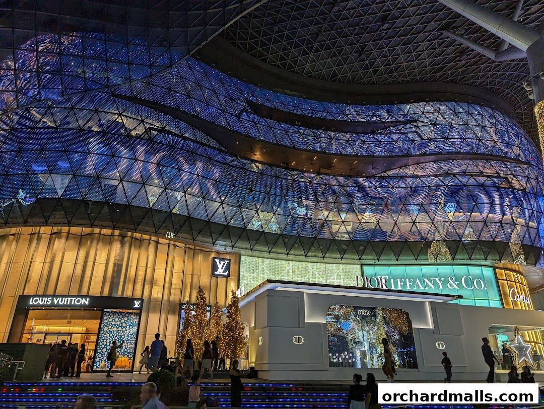The illuminated facade of Dior Ion Orchard at night, showcasing its luxurious storefront and surrounding high-end brands.