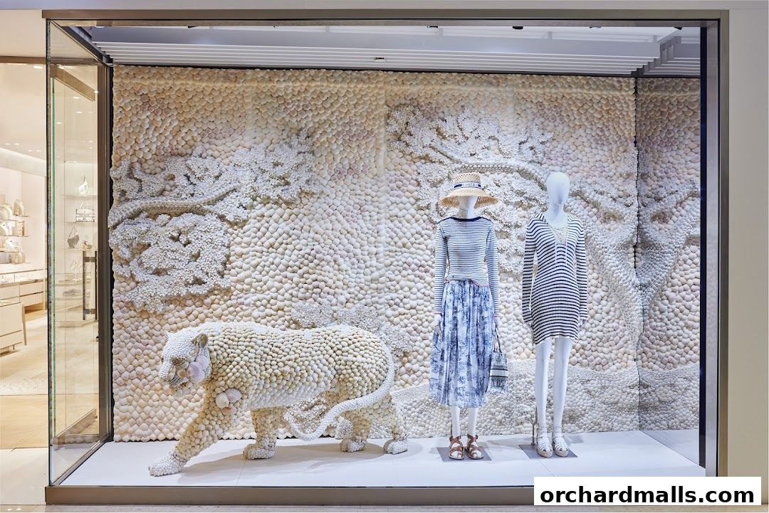 Dior Ion Orchard window display featuring a seashell-covered tiger and mannequins in striped outfits.