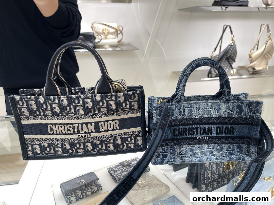 Two Dior tote bags with signature monogram pattern displayed on a white surface.