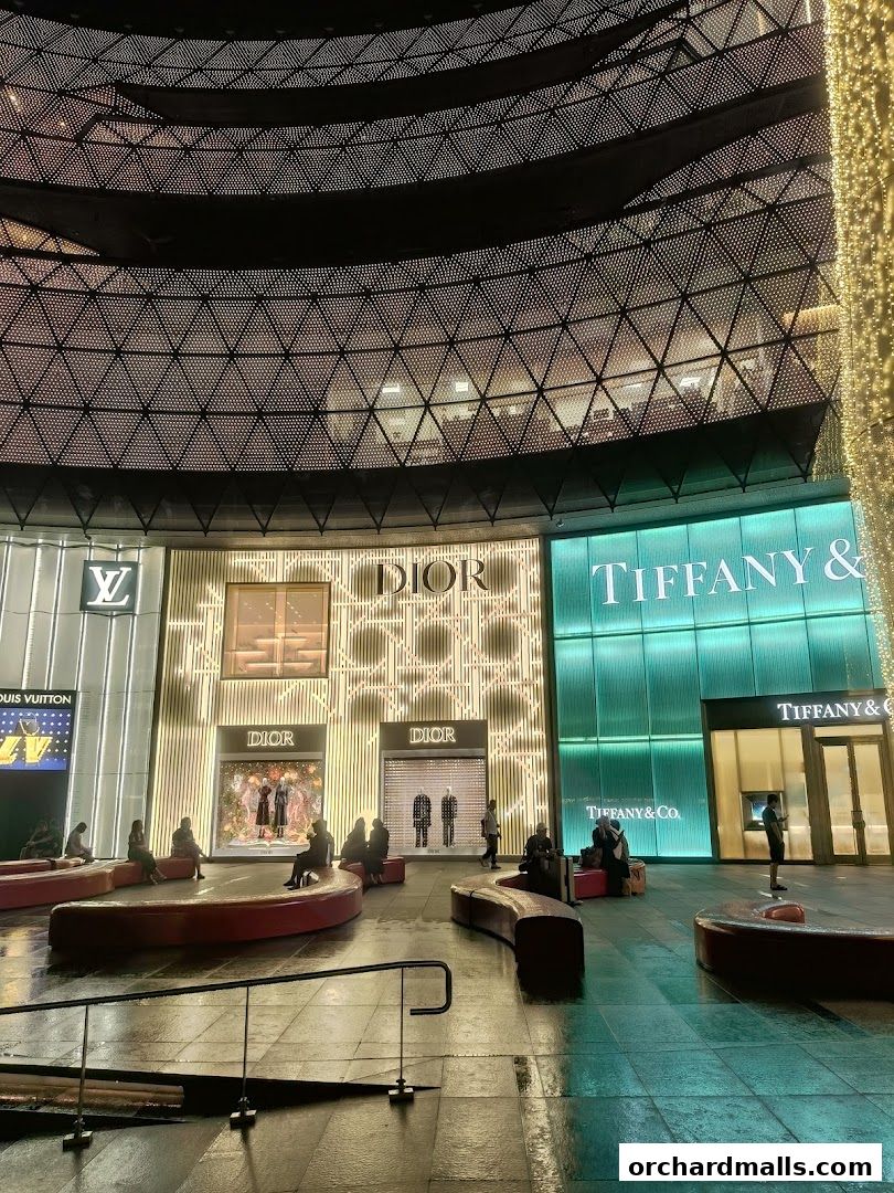 Exterior view of luxury brand stores including Dior and Tiffany & Co. at night.