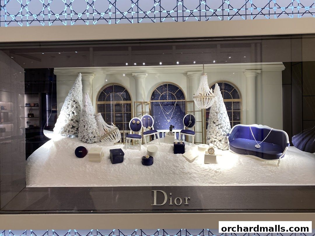 Dior Ngee Ann City shop window display with festive winter theme and jewelry.