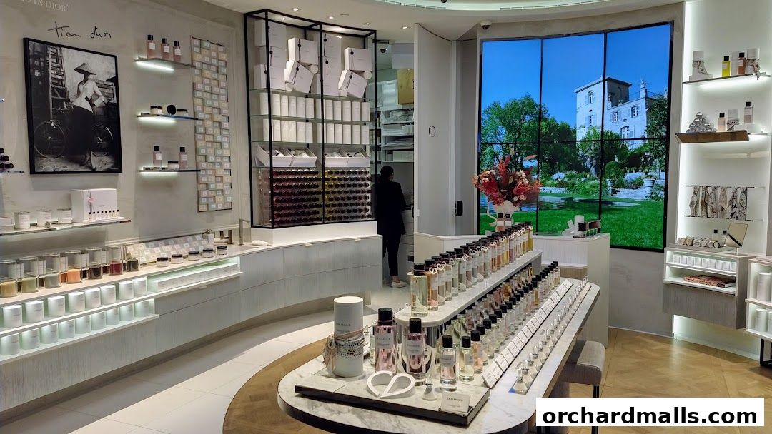 Interior of a luxurious Dior boutique showcasing perfumes, candles, and accessories.