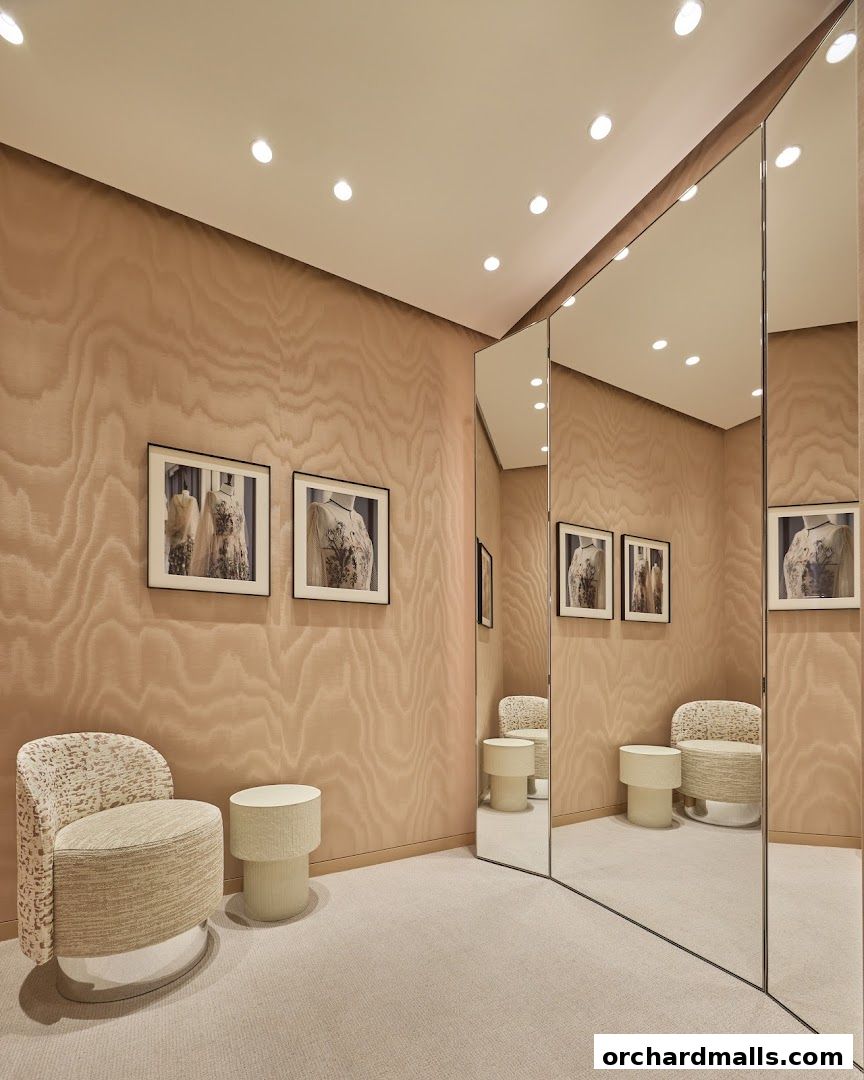 A luxurious fitting room with elegant chairs, mirrors, and framed fashion art.