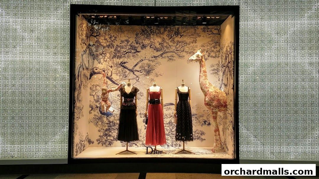 Dior Ngee Ann City shop window display featuring dresses and a giraffe.