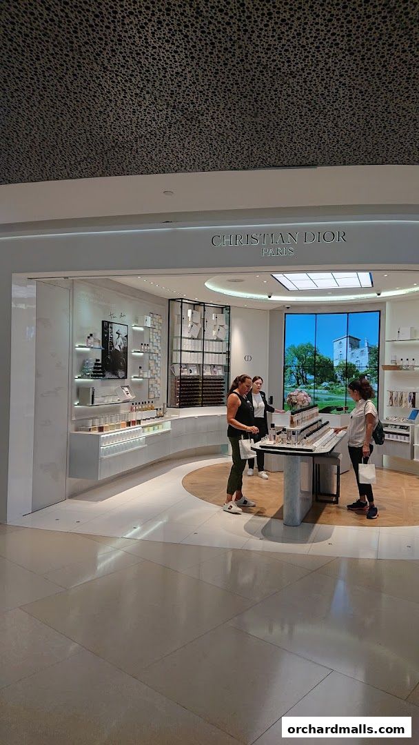 Dior Ngee Ann City shop front with customers browsing makeup and fragrances.