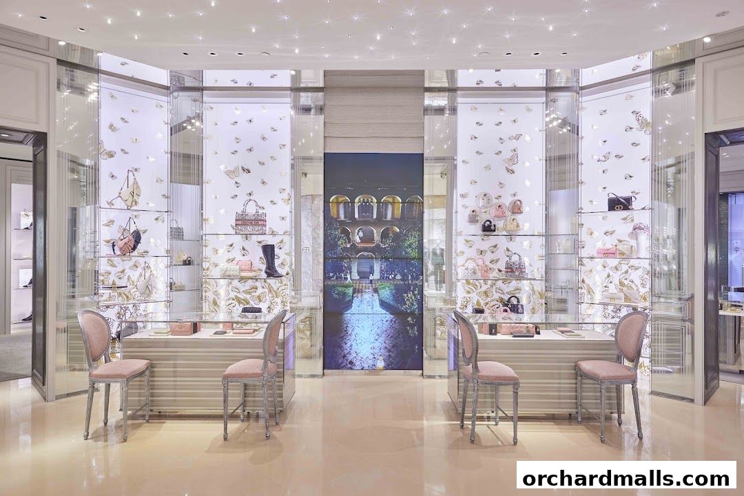 Interior of a luxurious Dior boutique showcasing handbags, shoes, and accessories on illuminated shelves.