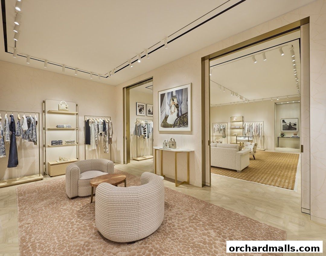 Interior view of a luxurious Dior boutique with clothing displays and seating areas.