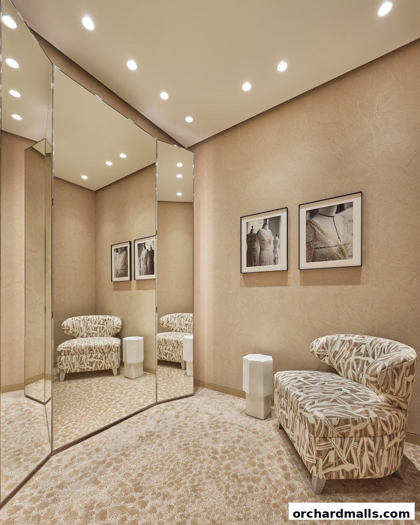 Luxurious fitting room with mirrors, seating, and framed fashion prints.