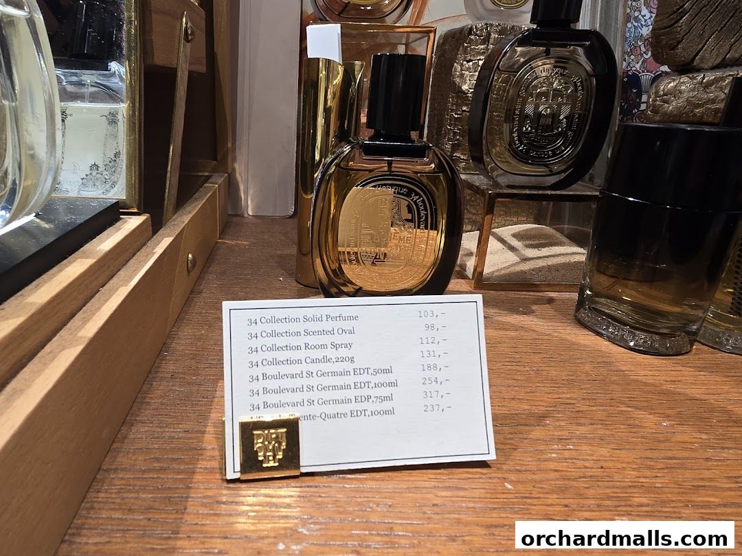 A price list for Diptyque's 34 Collection perfumes, candles, and room sprays.