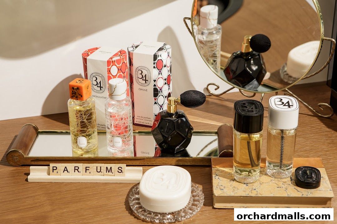 A collection of Diptyque perfumes and soaps displayed on a wooden surface with a mirror.
