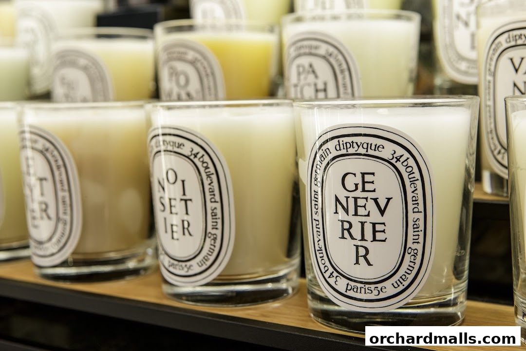 A close-up shot of various Diptyque scented candles displayed on a shelf.