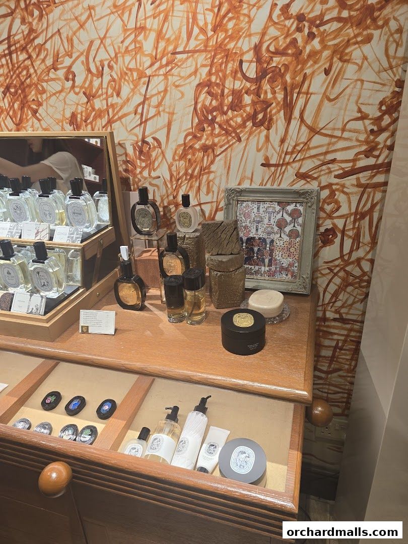 Diptyque Ngee Ann City shop interior with perfumes, soaps, and skincare products on display.