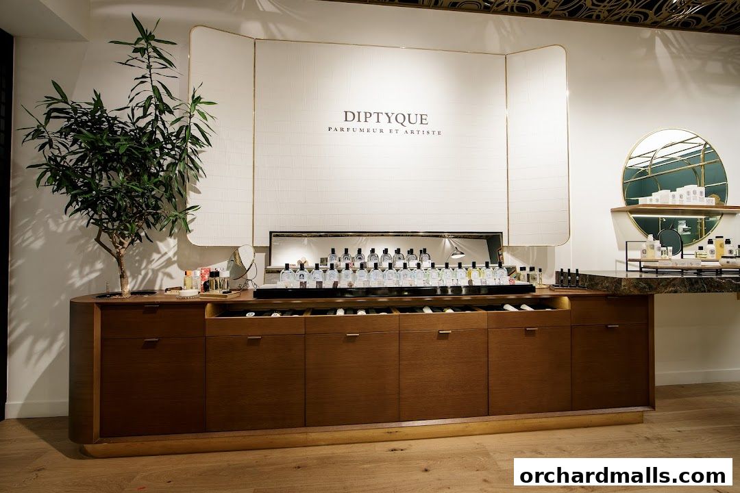 Diptyque Ngee Ann City shop interior with perfumes and decorative elements.