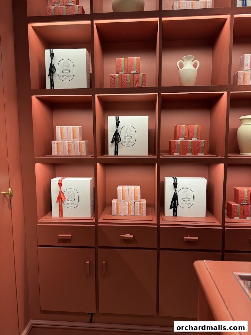 Diptyque Ngee Ann City shop interior with shelves displaying gift boxes and decorative vases.
