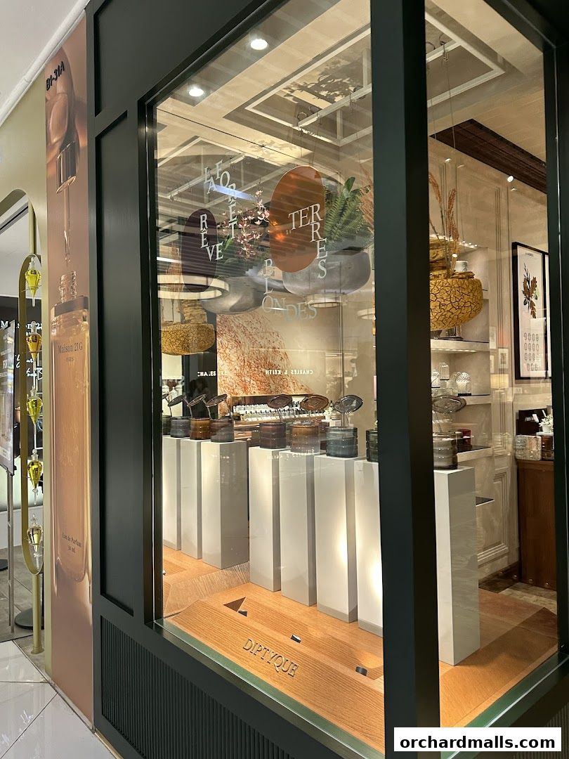 Diptyque Ngee Ann City shop window display featuring perfumes and decorative items.