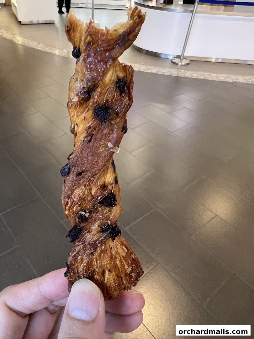 A hand holds a twisted pastry with raisins, likely from DONQ EDITERMini One.