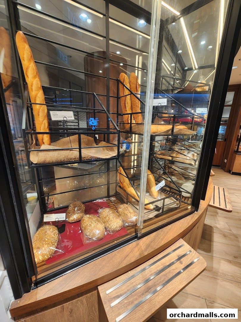 A display case filled with various types of freshly baked bread, including baguettes and round loaves.