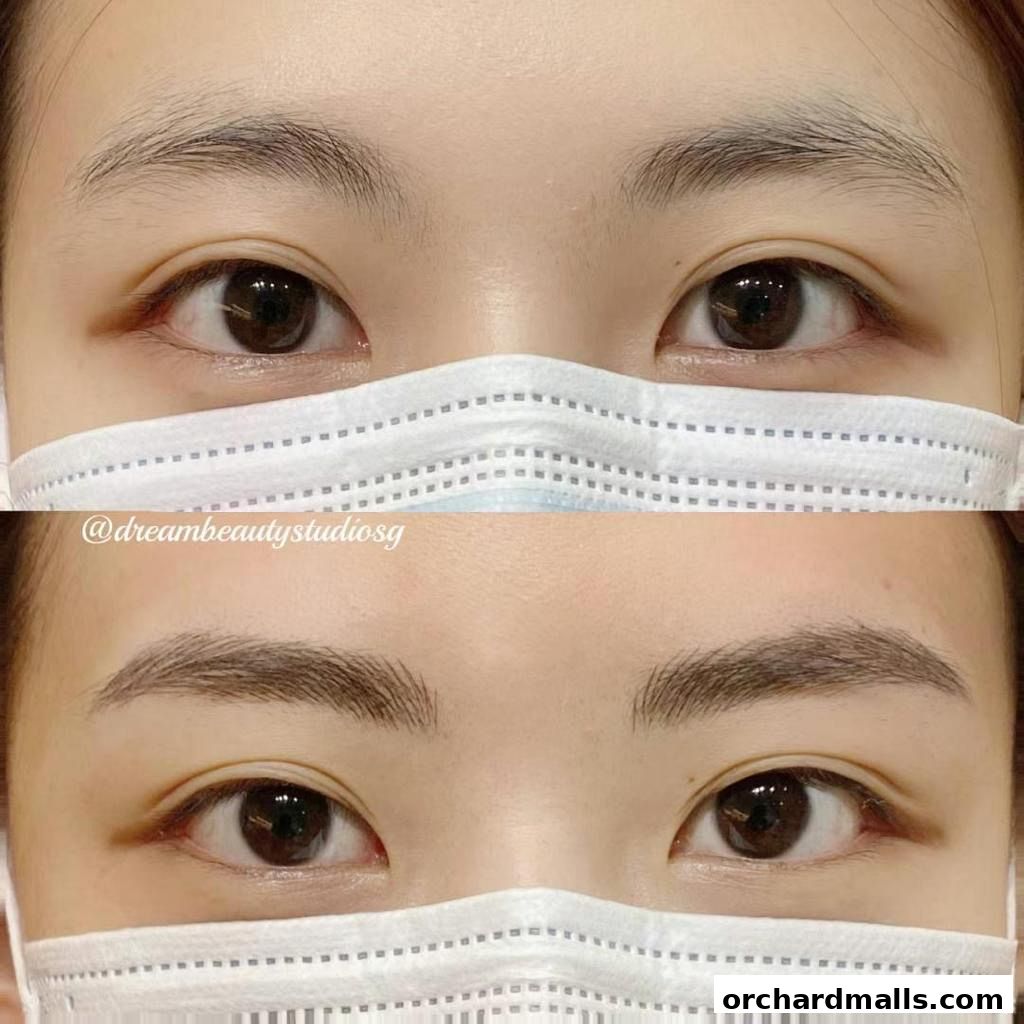 Before and after comparison of eyebrows and eyes, showcasing beauty treatments.