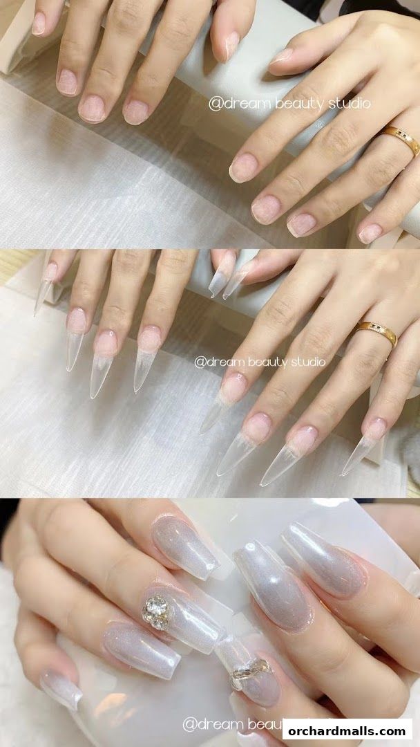 A collage showing the process of nail extension and the final beautiful nail art.