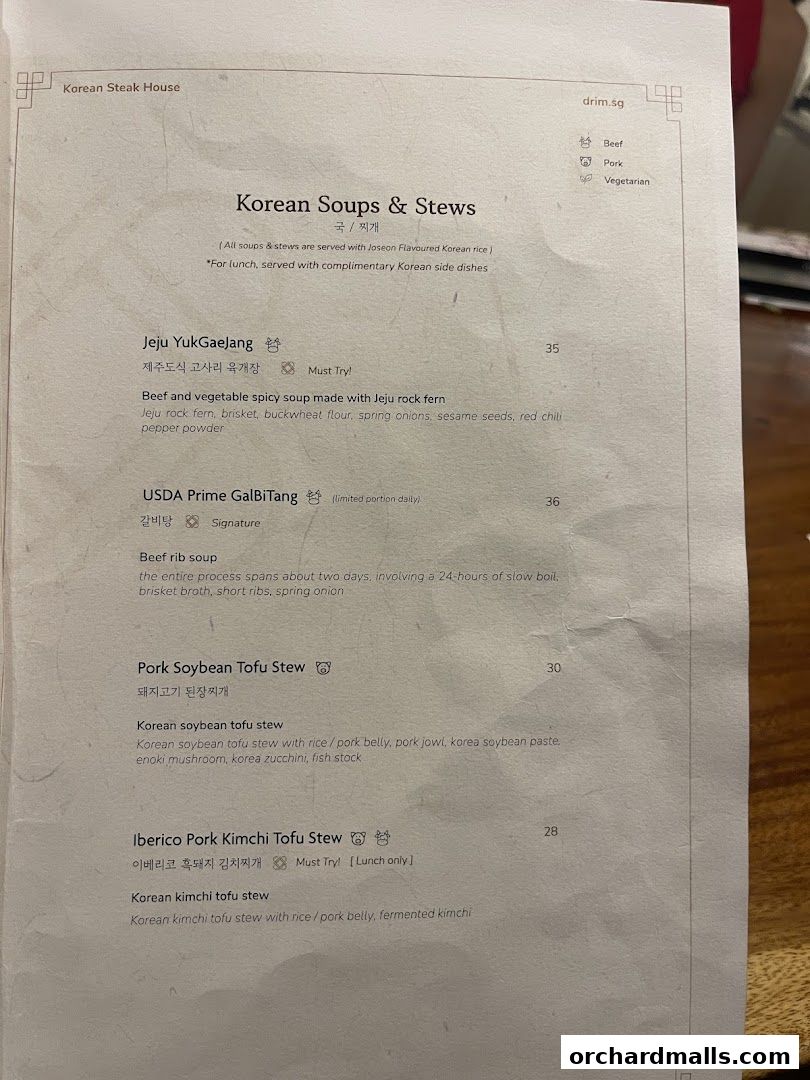 Menu page for DRIM  Korean Steak House  Mandarin Gallery