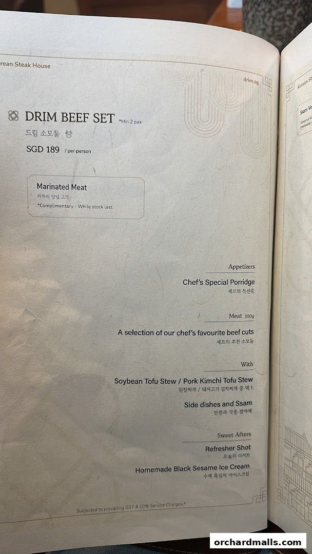 Menu page for DRIM  Korean Steak House  Mandarin Gallery