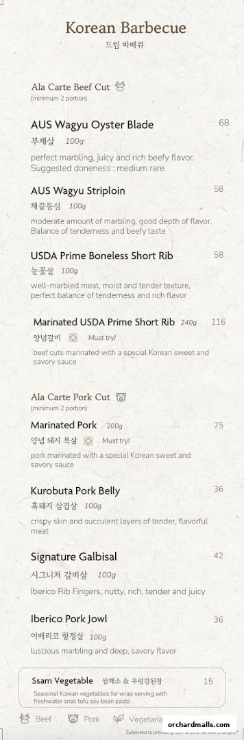 Menu page for DRIM  Korean Steak House  Mandarin Gallery