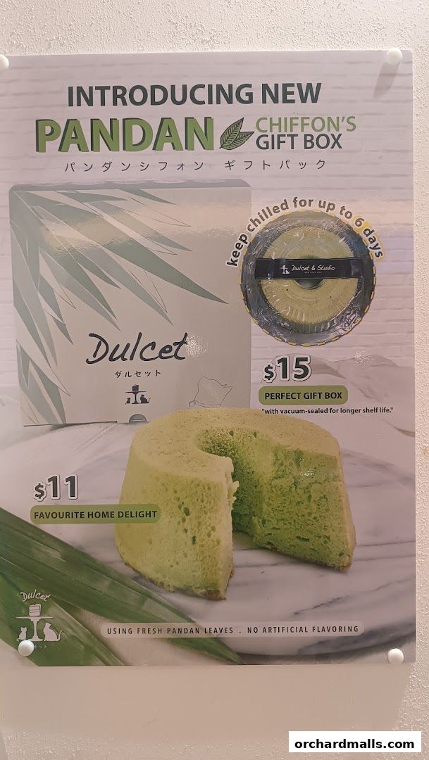 Advertisement for Dulcet Studio's new Pandan Chiffon Gift Box and a slice of cake.